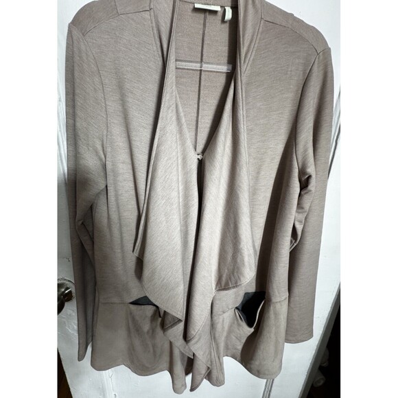 LOGO Lori Goldstein long cardigan tan faux suede drape waterfall Jacket Medium - Picture 2 of 7